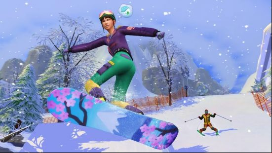 A woman boards on a blue and pink cherry blossom snowboard in The Sims 4 Snowy Escape expansion pack.