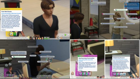 A Sim wakes up following a dream thanks to the Sims 4 Dreams and Nightmares mod, resulting in a deep conversation with another Sim.