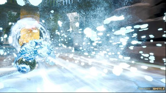 Ymir emits a powerful blizzard in the Smite 2 alpha.