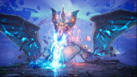 Tales of Jenzera Zau release date: a huge dragon-like monster breathes blue fire.