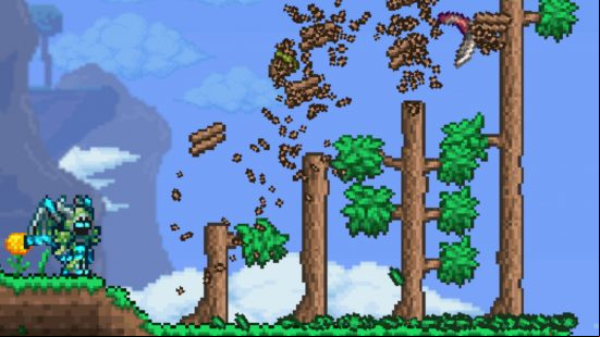 Terraria 1.4.5 Axearang - The player throws a sharp boomerang that cuts down trees as it es them.