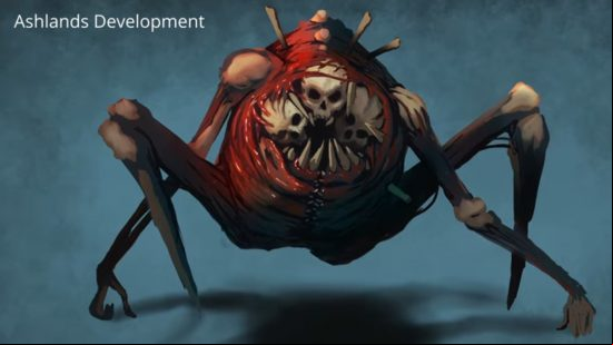 Valheim Ashlands biome - Concept art of the Morgen, a four-legged creature of exposed muscle and bone.