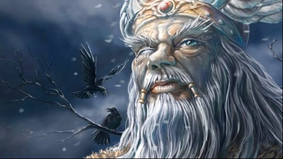 The face of a grey-haired man surrounded by crows promtes Jotenheim, one of the best Valheim servers.