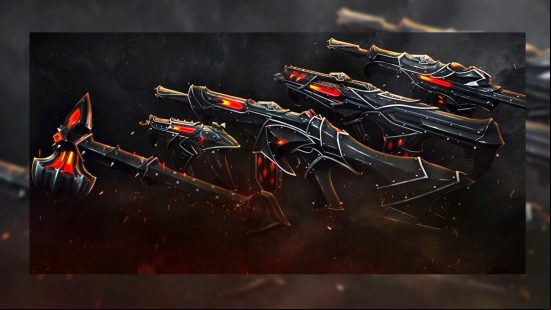 The Emberclad bundle of Valorant skins, dark black weapons with burning red details.