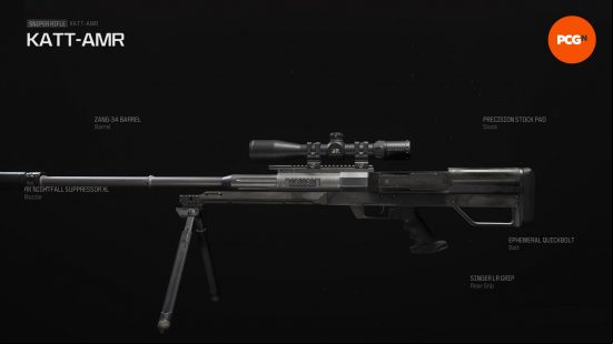 Warzone KATT AMR loadout: a sniper rifle with a list of attachments.