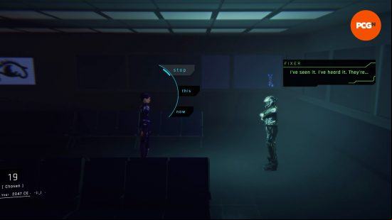 1000xResist preview: Watcher responds to Fixer's claims with a set of dialogue options: 'stop,' 'this,' and 'now.'