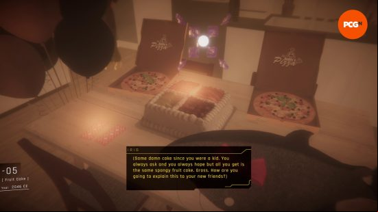 1000xResist preview: A first-person perspective of Iris looking over her traditional Chinese fruit sponge birthday cake in one of the Communions.
