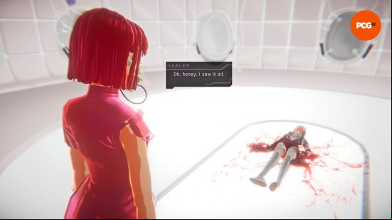 1000xResist preview: Healer, one of Watcher's sisters, stares down at a brutally destroyed shell in the Orchard's infirmary.