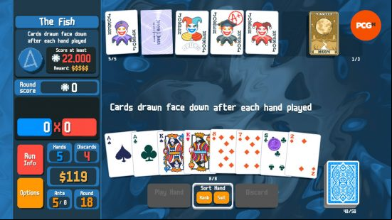 Balatro new Roguelike: the player is about to start a round where cards are drawn face down after each hand is played.