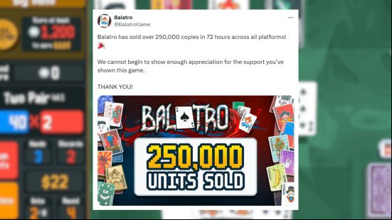 Balatro success Steam: an image of a tweet saying Balatro has sold 250,000 copies
