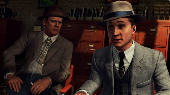 Best detective games: Cole questions a suspect while his partner looks at him in LA Noire.