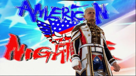 Best fighting games: Cody Rhodes, the American Nightmare, is wearing an iral's coat-like wrestling gear in WWE 2K24.