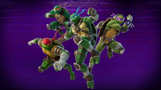 Best Fortnite skins: all four Teenage Mutant Ninja Turtles in a fighting pose.