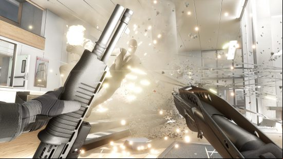 An enemy in a waitcoat leaps through the air and an explosion erupts around them in the best FPS games
