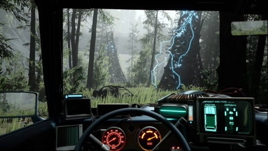 Best indie games: driving through a forest with lightning hitting the ground in Pacific Drive.