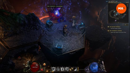 Best Last Epoch classes: the player is standing next to a portal to the past and the NPC that allows them to choose their mastery.