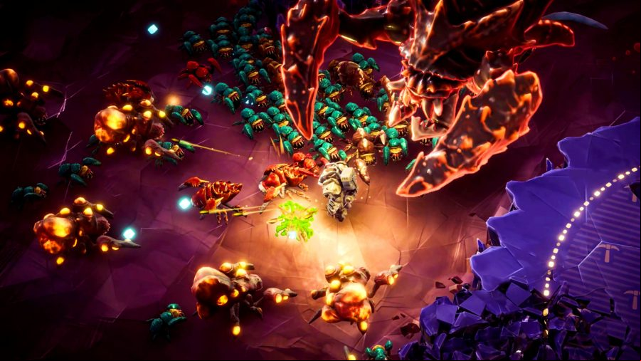 Deep Rock Galactic Survivor - A miner holds out against hordes of bugs in a cave.