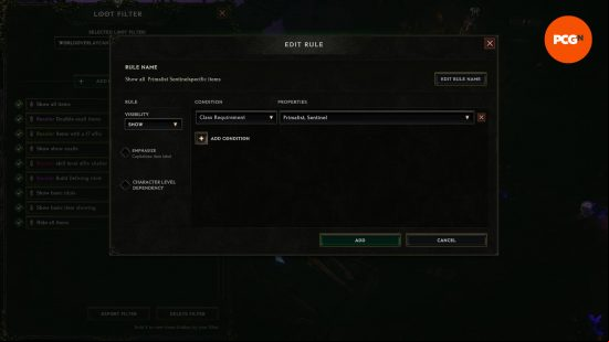 An example of the Last Epoch loot filter class tab.