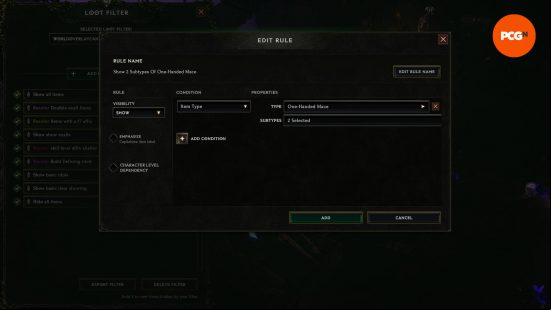 An example of a Last Epoch loot filter table that narrows down visibility of one-handed maces to only two options.