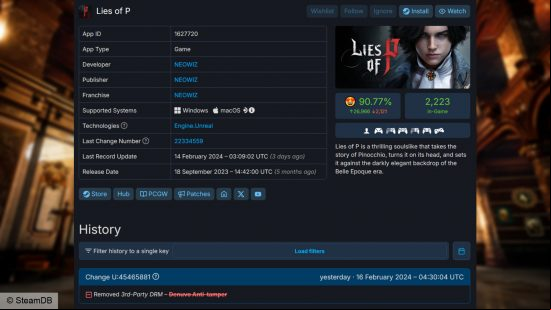 Lies of P removes Denuvo - Update history (via SteamDB) showing the removal of the DRM software.