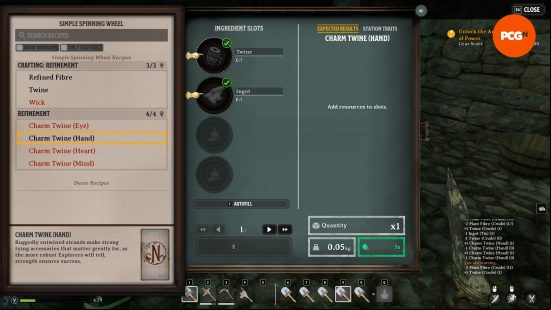 The Nightingale Hand Charm Twine recipe seen in the in-game spinning wheel UI.game