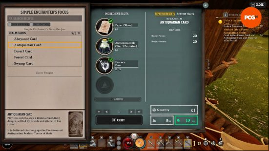The Simple Enchanter's Focus crafting menu displaying the ingredient list for Nightingale Realm Cards.