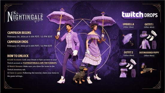The February Nightingale Twitch drops, including a purple umbrella and a dapper dog.