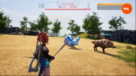 Palworld guide: a player and their Rushoar are about to fight an Alpha Chillet.