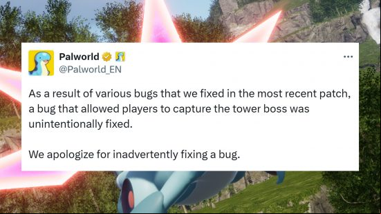 Palworld update apology fixing bug: a tweet from Pocketpair apologising for fixing a bug