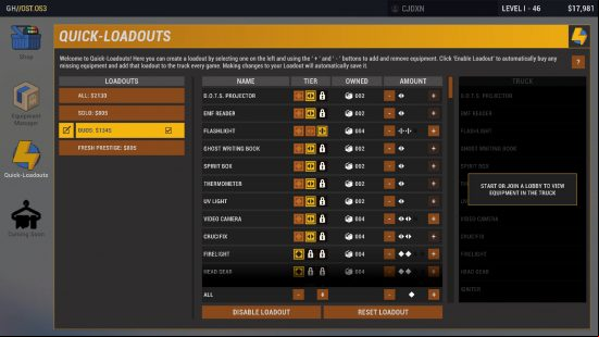 Phasmophobia shop update - The new-look loadout screen for the co-op horror game.