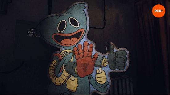 Poppy Playtime chapter 3 review: A cardboard cutout of Huggy Wuggy looks worn and distressed.
