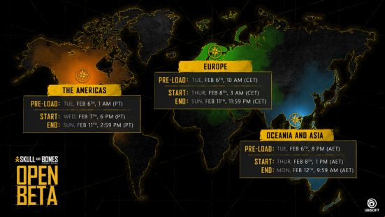 Skull and Bones open beta: a world map indicating the start times for the Skull and Bones open beta.