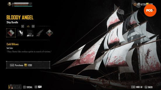 Skull and Bones review: a screen shows the option to purchase white sails with blood stains
