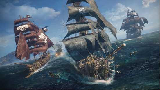 Skull and Bones open beta: three wooden battleships fight on the open sea.