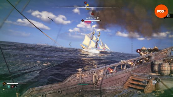 Skull and Bones review: a black cloud of smoke billows from your ship as an opponent player has shot it