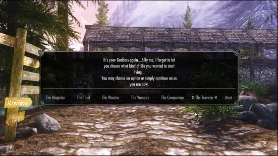 Best Skyrim mods: a menu enabling the player to choose their starting job.