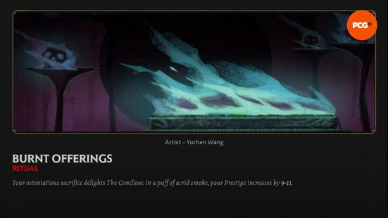 The in-game Encyclopedia entry for Burnt Offerings, one of the best Solium Infernum Rituals.