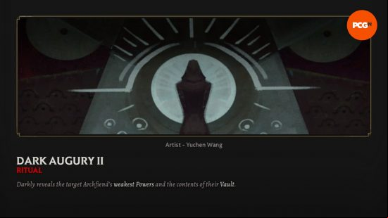 The in-game Encyclopedia entry for Dark Augury II, one of the best Solium Infernum Rituals.
