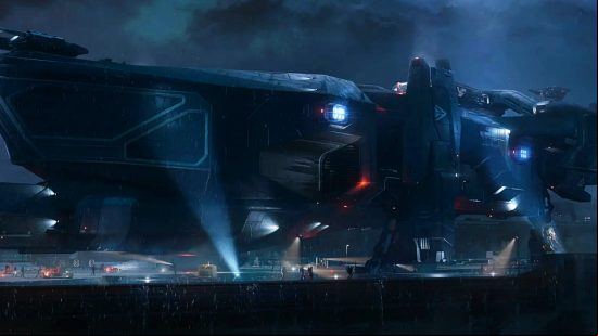 Star Citizen Idris-M - The imposing frigate sits on a rainy dock.