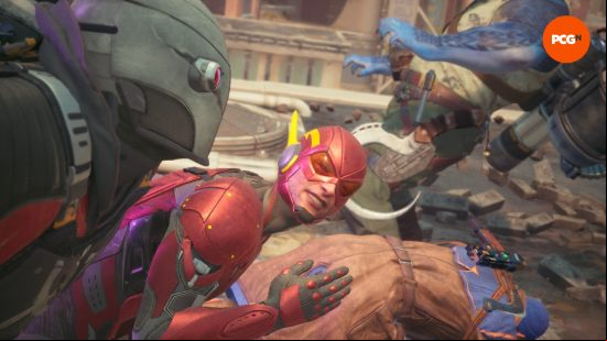 A corrupted version of The Flash runs next to deadshot as King Shark flies backwards