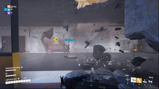 The player dashes through falling wreckage following an explosion.