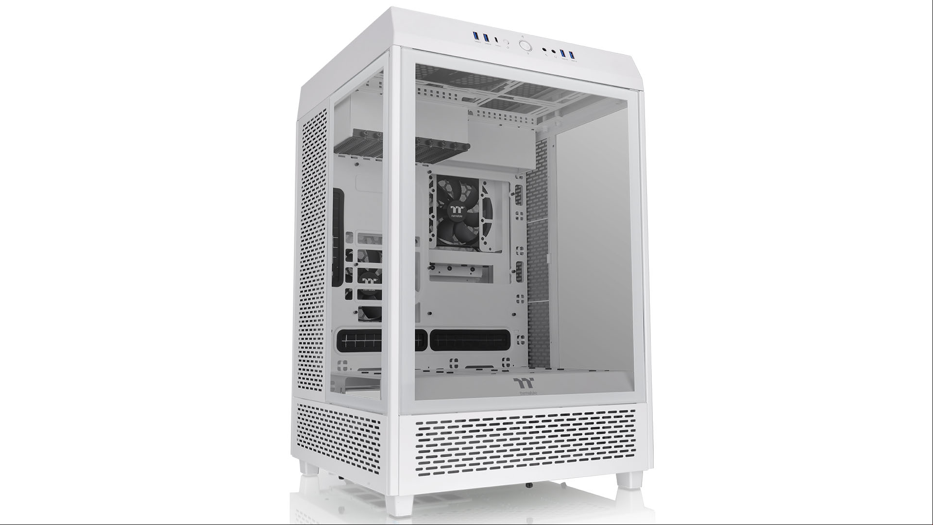 Thermaltake Tower 500 review image showing the front of the case against a white background.