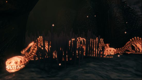 Valheim Ashlands monsters - A giant skeleton lies in the blackened grass of the new biome.