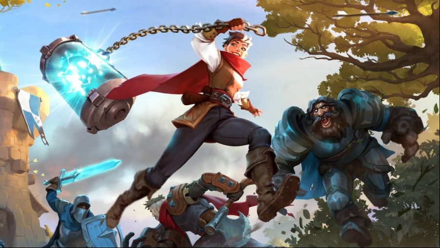 Albion Online: An adventurer running through a group of men fighting swinging a huge crystalline mace in a fantasy forest area