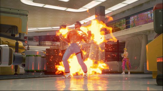 Ascendant Infinity giveaway: a roided up man bursts into flames while a teammate shoots at off-screen enemies.