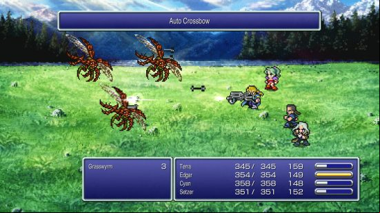 Best JRPGs: Edgar is firing his crossbow at flying enemies in Final Fantasy 6.