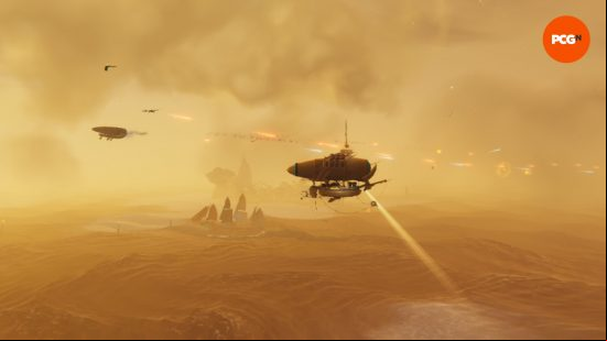 Bulwark review: two airships firing upon one another over the ocean.