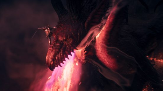 dragon's Dogma 2 true ending: the arisen clings on to the dragon as it breathes red fire