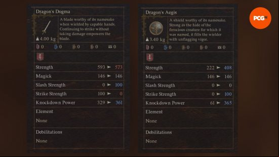 Dragon's Dogma 2 weapons: a screen showing a powerful sword and shield.