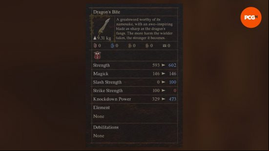 Best Dragon's Dogma 2 weapons: a menu screen showing a powerful sword.
